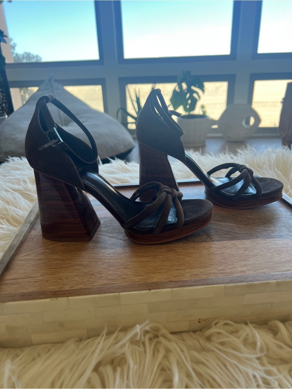 Vince Camuto Dark Brown Suede Knot-Strap Block Heel Sandals - Picture 4 of 6